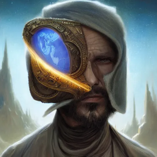 Image similar to male nomad wearing a cloak on an alien world and holding a holographic planet projection in his hand, covered face, detailed, sci - fi, digital painting, artstation, sharp focus, illustration, artgerm, tomasz alen kopera, peter mohrbacher, donato giancola, joseph christian leyendecker, wlop, frank frazetta