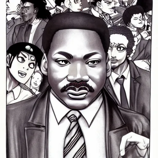 Prompt: Martin Luther King as JoJo from JoJo\'s Bizarre Adventure, anime drawing by Oda Eiichiro