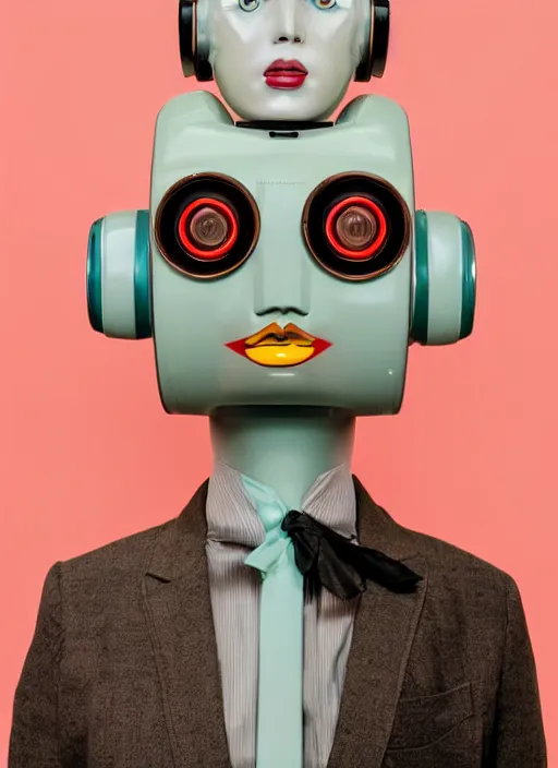 Image similar to a fashion portrait photograph of a retro robot head in the style of wes anderson, pastel hues, 35mm, pentax, studio lighting