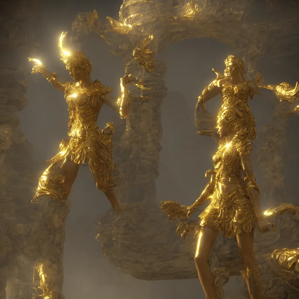 Prompt: seeing through multiple profound perspectives, highly detailed, unreal engine, volumetric light, mist, golden goddess athena