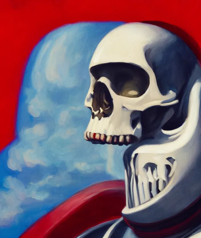 Prompt: a portrait of an astronaut with a skull head, cinematic and highly detailed oil painting by edward hopper, oil painting masterpiece, mysterious, very aesthetic, cinematic and dramatic red light, 4 k,