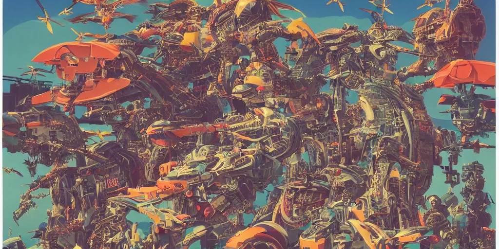 Image similar to risograph rendition, gigantic mecha arzach birds with dragonflies, tiny rats, a lot of exotic animals around, big human faces everywhere, helicopters and tremendous birds, by satoshi kon and moebius, matte bright colors, surreal design, crispy, super - detailed, a lot of tiny details, fullshot