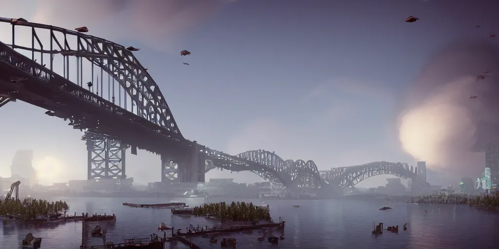 Image similar to a big harbour bridge collapses after explosions in the form of white cotton plants, 3 d octane render, epic lighting, 8 k, by goro fujita