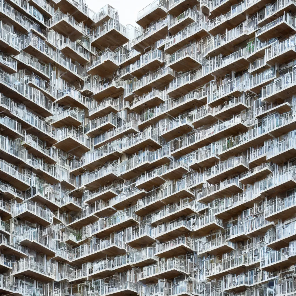 Prompt: lots of stacked balconies of different size and colour