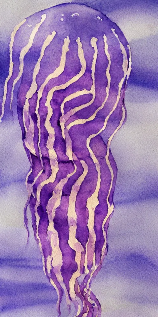 Prompt: a realist watercolor painting of a beautiful purple - striped jellyfish underwater, in the style of joseph zbukvic