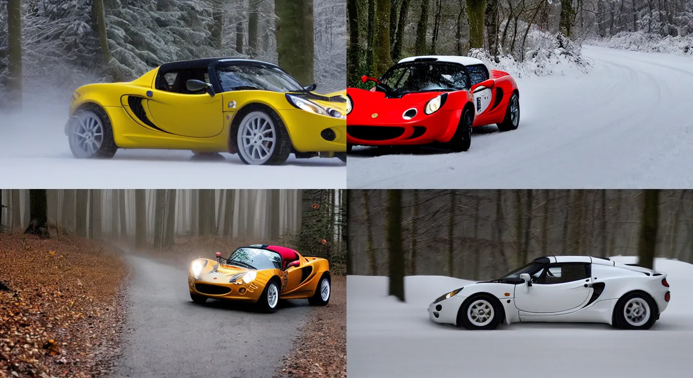 Prompt: a 2 0 0 5 lotus elise 1 1 1 s, racing through a rally stage in a snowy forest