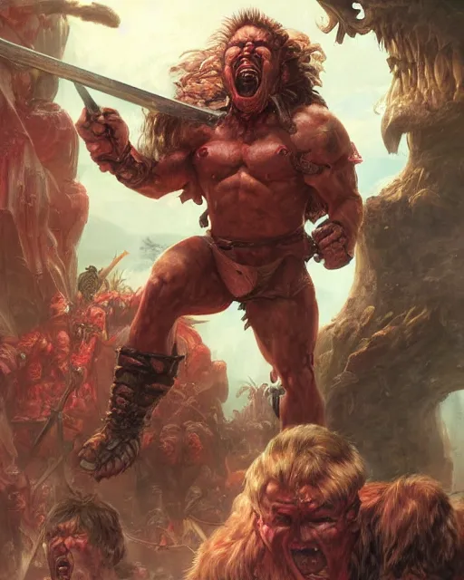Prompt: a portrait of strong and proud young barbarian, screaming, ready to fight, by Ross Tran and Thomas Cole and Wayne Barlowe