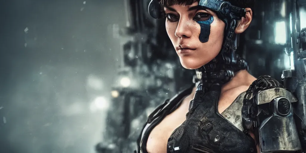 Image similar to closeup of beautiful guard with short hair hiding her chest with her arms, dystopian cyberpunk smoke detailed