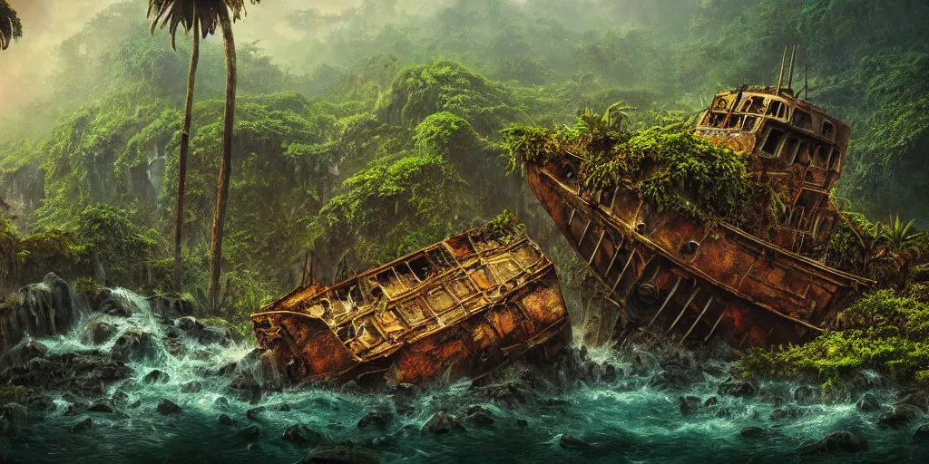 Image similar to a rusty shipwreck in a prehistoric jungle, lush flora, waterfall, towering mountains, flowers, vines, sunset, hazy, volumetric lighting, rtx on, washed out dark colors, an award - winning digital render, beautiful, stunning, ultradetailed, great composition