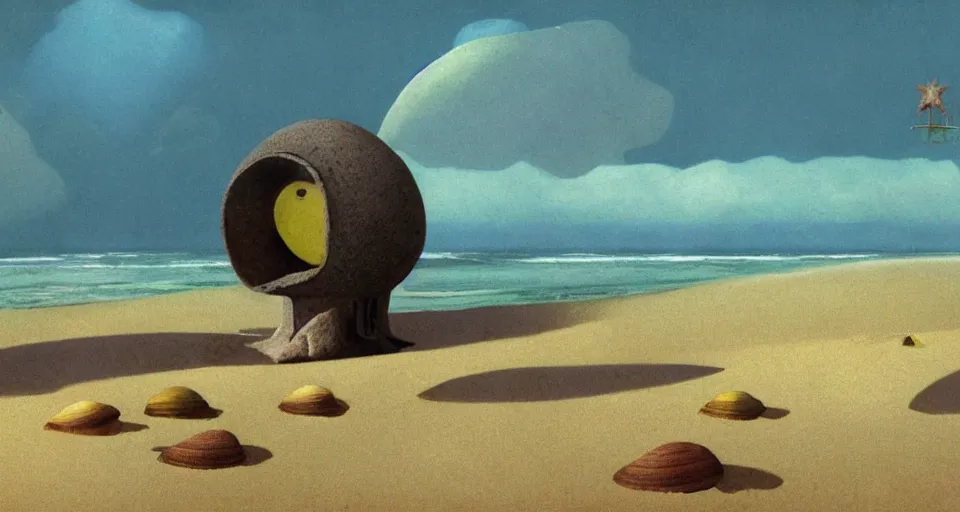 Image similar to a single seashell house in a deserted beach, still life, concept art by roger dean and john harris, atmospheric