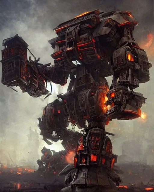 Prompt: a giant bipedal robot ( imperator titan'4 0 k ) of death with huge canon as arms, short torso, tiny head, walking in the smoke of a destroyed city, explosions dust smoke, concept art by emmanuel shiu and ruan jia and john berkey, trending on artstation