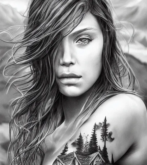 Image similar to a beautiful girl portrait, faded mountain background, realism tattoo, in the style of den yakovlev, black and white, hyper realistic, highly detailed