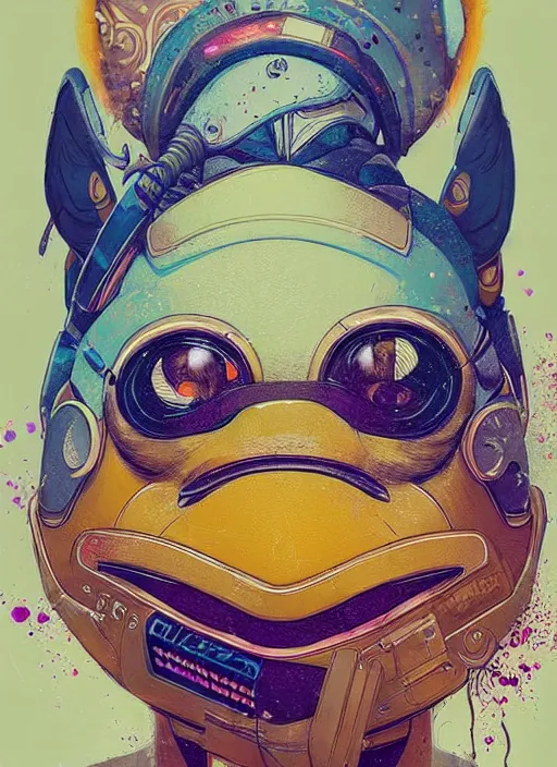 Prompt: beautiful portrait of Lofi cyberpunk Psyduck, by Tristan Eaton, Stanley Artgermm, Tom Bagshaw, Greg Rutkowski, Carne Griffiths. trending on DeviantArt, face enhance, hyper detailed, trending on Artstation, 8k, masterpiece, graffiti paint, fine detail, full of color, intricate detail, golden ratio illustration