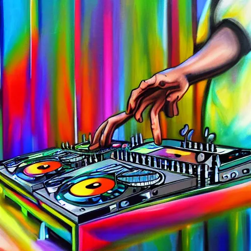 Image similar to painting of a dj mixing, trending on art station, deco art