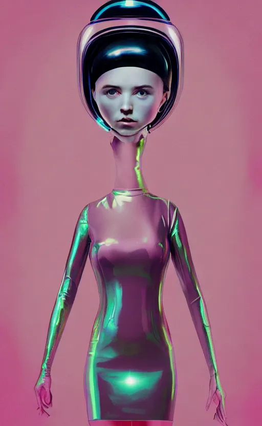 Image similar to portrait of a girl wearing very super tight latex dress and wearing a futuristic helmet by Petros Afshar and Beeple, James Gilleard, Mark Ryden, Wolfgang Lettl highly detailed