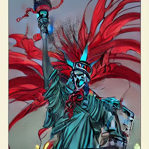 Image similar to Lady Liberty riding the red dragon of 龙, illustration, concept art, in the style of Arthur Adams