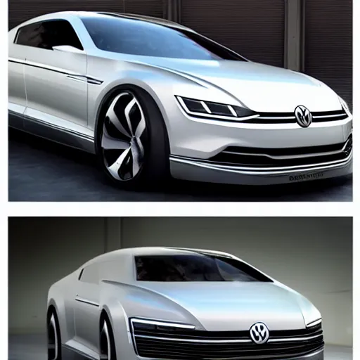 Prompt: a vision gran turismo style concept volkswagen coupe :: elegant, luxurious, european :: studio lighting, inside a warehouse