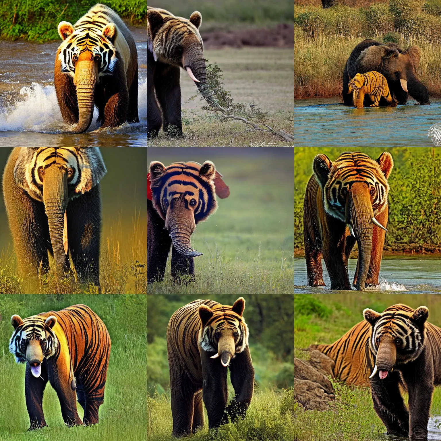 Prompt: a bear-elephant-tiger, wildlife photography