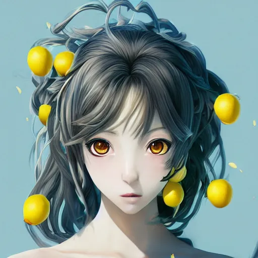 Image similar to the portrait of an absurdly beautiful, graceful, elegant, sophisticated, young teen anime girl made up of lemons looking up, an ultrafine hyperdetailed illustration by kim jung gi, irakli nadar, intricate linework, bright colors, octopath traveler, final fantasy, unreal engine 5 highly rendered, global illumination, radiant light, detailed and intricate environment