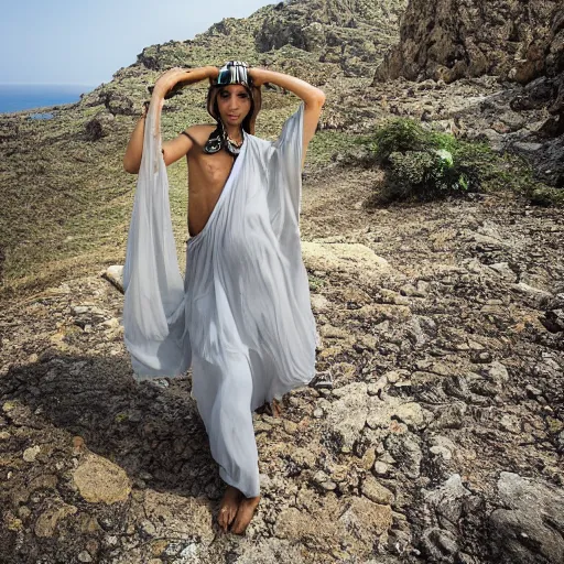 Image similar to beautiful bellidancer girl walks around Socotra among endemic plants, flowers and snags in a long transparent flowing dress and meets mystical animals, mystical insects, mystical birds, lizards, snakes, gorgeous, Atmosphere, hypnotic dimensions, mythology, Rococo, photorealism, ruan jia, steve mccurry, Zdzislaw Beksinski style, hyperrealistic, sharp focus, intricate concept art, digital painting, ambient lighting, 4k, hdt, artstation trending on Gsociety, trending on ArtstationHQ, trending on deviantart, professionally post-processed, wide-angle action dynamic portraithyperdetailed, hyper quality, 16K