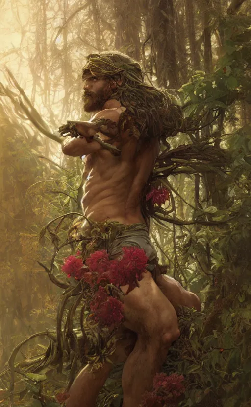 Image similar to god of the forest, rugged, handsome, male, detailed face, clean lines, atmospheric lighting, amazing, full body, thighs, flowers, muscular, intricate, highly detailed, digital painting, deviantart, concept art, sharp focus, illustration, art by greg rutkowski and alphonse mucha