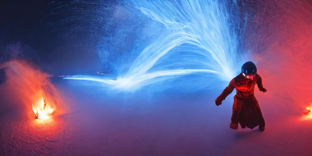 Image similar to fisheye slow motion with trail fire effect of futuristic break dancer wearing long dark cloak and golden helmet emitting blue and red fire, long exposure shot , enigmatic, at night in the middle of the arctic with red light A letter, paddle of water, steam, fog, water splashes, rim lights, glossy reflections, water droplets on lens, octane render, Volumetric dynamic lighting, stunning cover magazine, high details, hajime sorayama