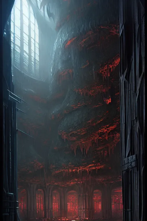 Image similar to demon lair by greg rutkowski, giger, maxim verehin