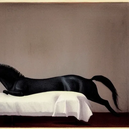 Prompt: close up of a black unicorn in a liminal hotel room, watercolor by gottfried helnwein, by hammershøi, art noveau, highly detailed, lights by edward hopper, liminal, eerie, bright pastel colors