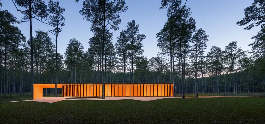 Image similar to faceted roof planes lift and descend creating shade and architectural expression, highly detailed, situated in the forest, next to a highly reflective lake, at dusk, vivid color