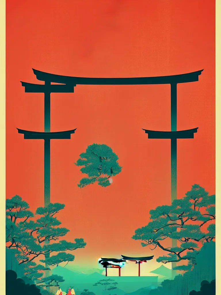 Image similar to a travel poster illustration depicting a japanese torii gate, vintage style, detailed illustration, digital painting, vector art, trending on artstration, by anton fadeev, by alena aenami