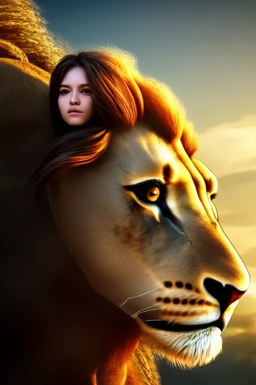 Image similar to girl riding on a lion, 2 0 year old girl, extremely detailed, high quality, 4 k, cinematic, dramatic lightning, photo realistic, beautiful face, highly detailed face