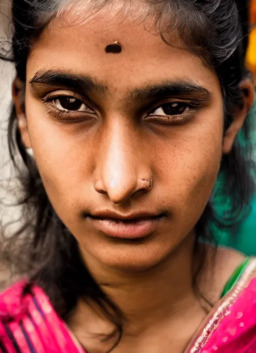 Image similar to portrait Mid-shot of an beautiful 20-year-old Indian woman, candid street portrait in the style of Martin Schoeller award winning