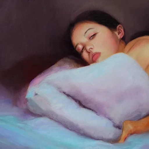 Prompt: girl goes to her comfortable bed, because its way too late, high detail oil painting