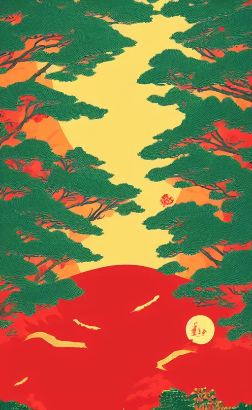 Prompt: hanafuda, a big red charm is floating above a forest of japanese pines, a big red sun in the background, front game card, vector line art, trending on artstation, concept art, stunning, matte