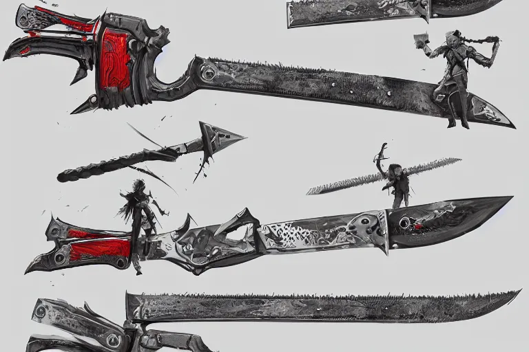 chainsaw sword, weapon concept art, heavy linework, | Stable Diffusion