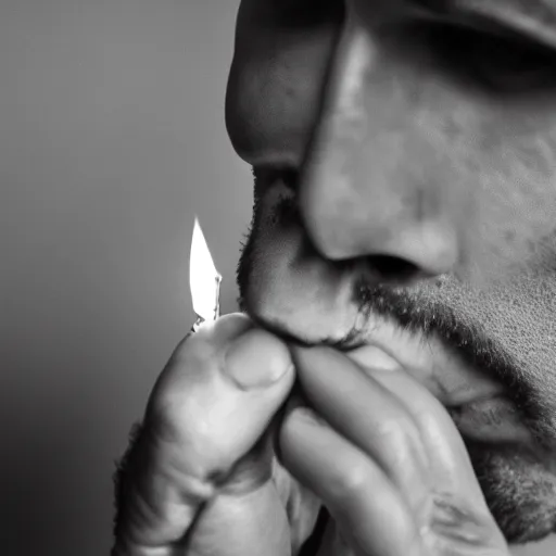 Image similar to one man lights a cigarette from the second man's lighter, a cigarette, smoke