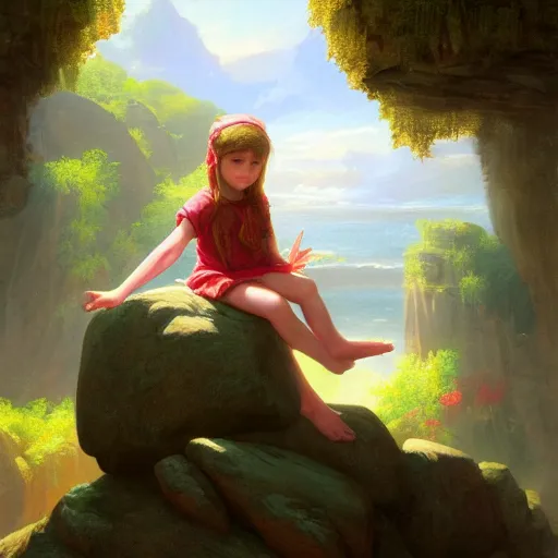 Image similar to a painting of a little girl sitting on a rock, a digital painting by thomas cole, cgsociety, metaphysical painting, 2 d game art, storybook illustration, detailed painting