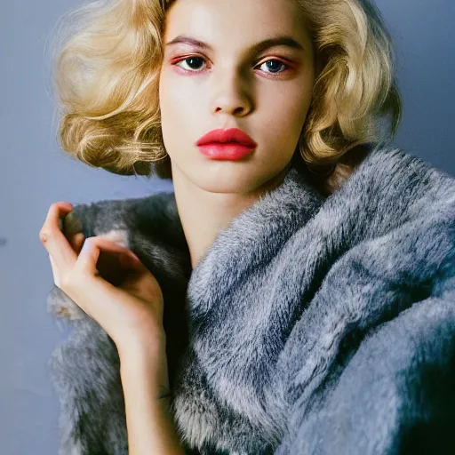 Image similar to realistic photoshoot for a new dior lookbook, color film photography, portrait of a beautiful blonde woman, in style of tyler mitchell, 35mm