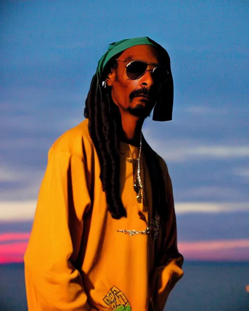 Image similar to snoop Dogg dressed as The girl with the pearl earring, smoking, Long Beach background, sunset