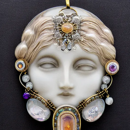 Prompt: artnouveau necklace of a woman's face with open eyes and messy hair in a bundle surrounded by gemstones highly detailed art by rene lalique