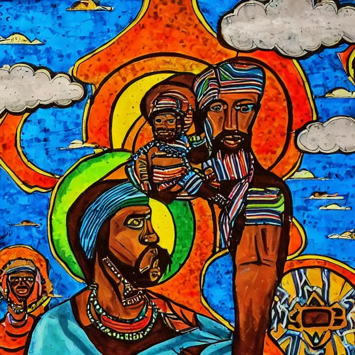 Image similar to UFO hovering over an African Jesus , clouds, colorful, in the style of Nigerian truck art (Eagle & Snake, Kano),