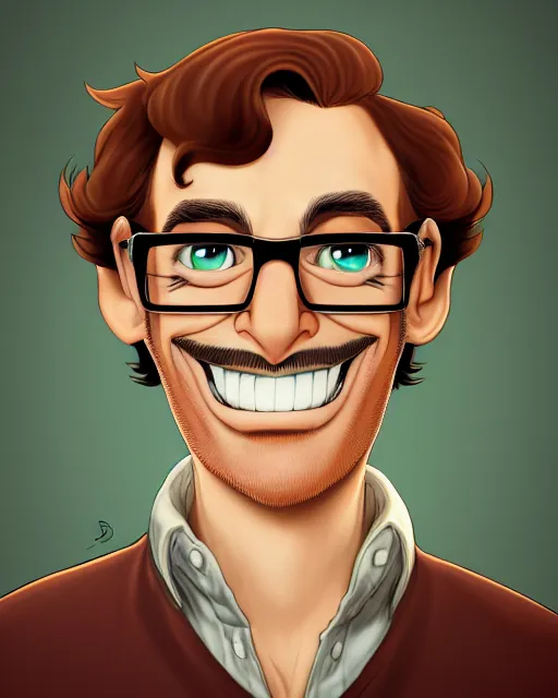 Prompt: pleasant, grinning, nerdy man character portrait, dark auburn wavy hair, beard, glasses without frames, freckles, by don bluth, highly detailed, dynamic shadows, 4 k, wallpaper - 1 0 2 4