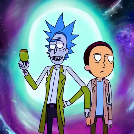 Prompt: rick sanchez and morty smith from rick and morty brewing a potion in space, amazing digital art, highly detailed