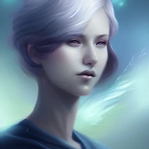 Prompt: empty space is filled by virtual particles a digital painting by Charlie Bowater , trending on Artstation, metaphysical painting, speedpainting, made of feathers mist and cloud , digital painting