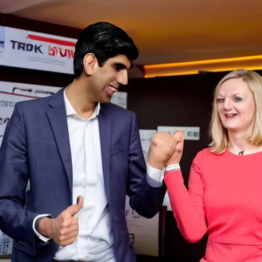 Image similar to rishi sunak and liz truss playing rock paper scissors ,