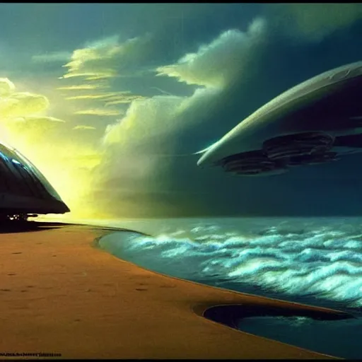 Image similar to beautiful matte painting of golden shores of a blue dreamy ocean, heavenly island in the clouds floating above the ocean, spaceship flying by, sci - fi, daylight, blue sky, cinematic lighting, cinematic perspective, syd mead, john harris, federico pelat