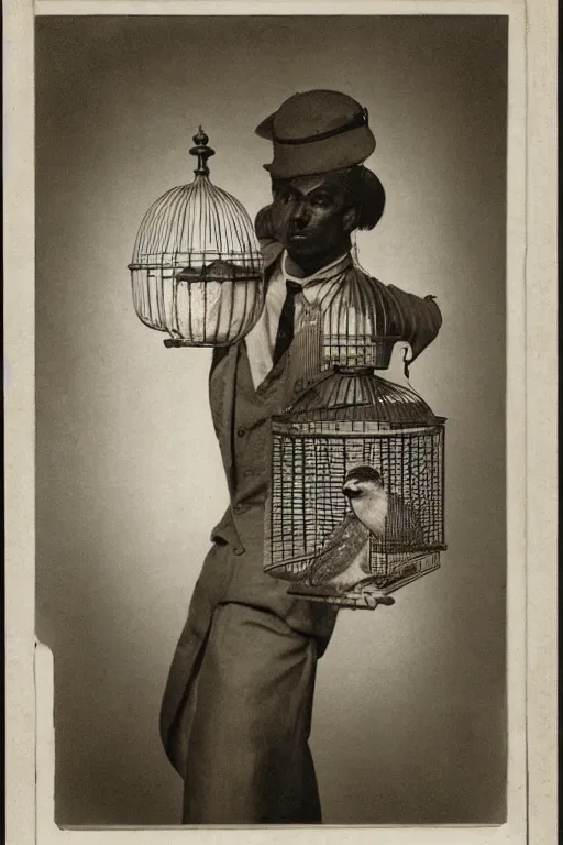 Prompt: ultra realistic vintage photo portrait of a man with a birdcage through his body, by Irving Penn, a birdcage instead of the chest