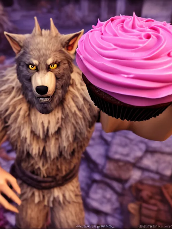 Image similar to cute handsome cuddly burly surly relaxed calm timid werewolf from van helsing holding a cute cupcake with pink frosting in a candy shop sweet unreal engine hyperreallistic render 8k character concept art masterpiece screenshot from the video game the Elder Scrolls V: Skyrim