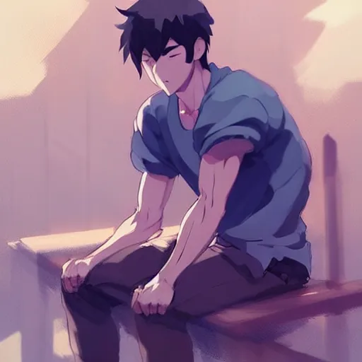 Prompt: a handsome muscular man wearing fashionable street attire, sitting down casually, square masculine facial features, short messy hair, intimidating appearance, trending on pixiv fanbox, by greg rutkowski makoto shinkai takashi takeuchi studio ghibli, akihiko yoshida