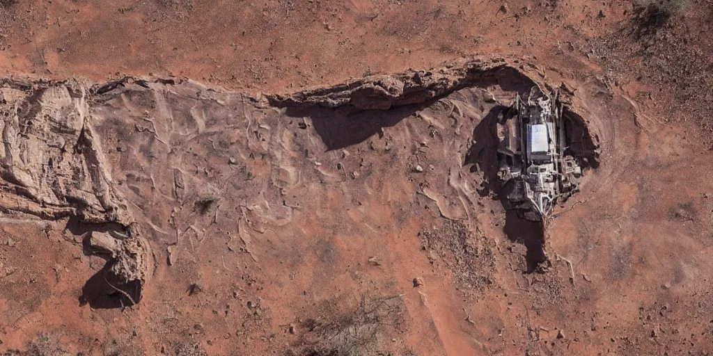 Image similar to giant spaceship 1 0 0 meters around and 1 million years old discovered after the rain washed away the sand and dirt, in a canyon in the utah desert